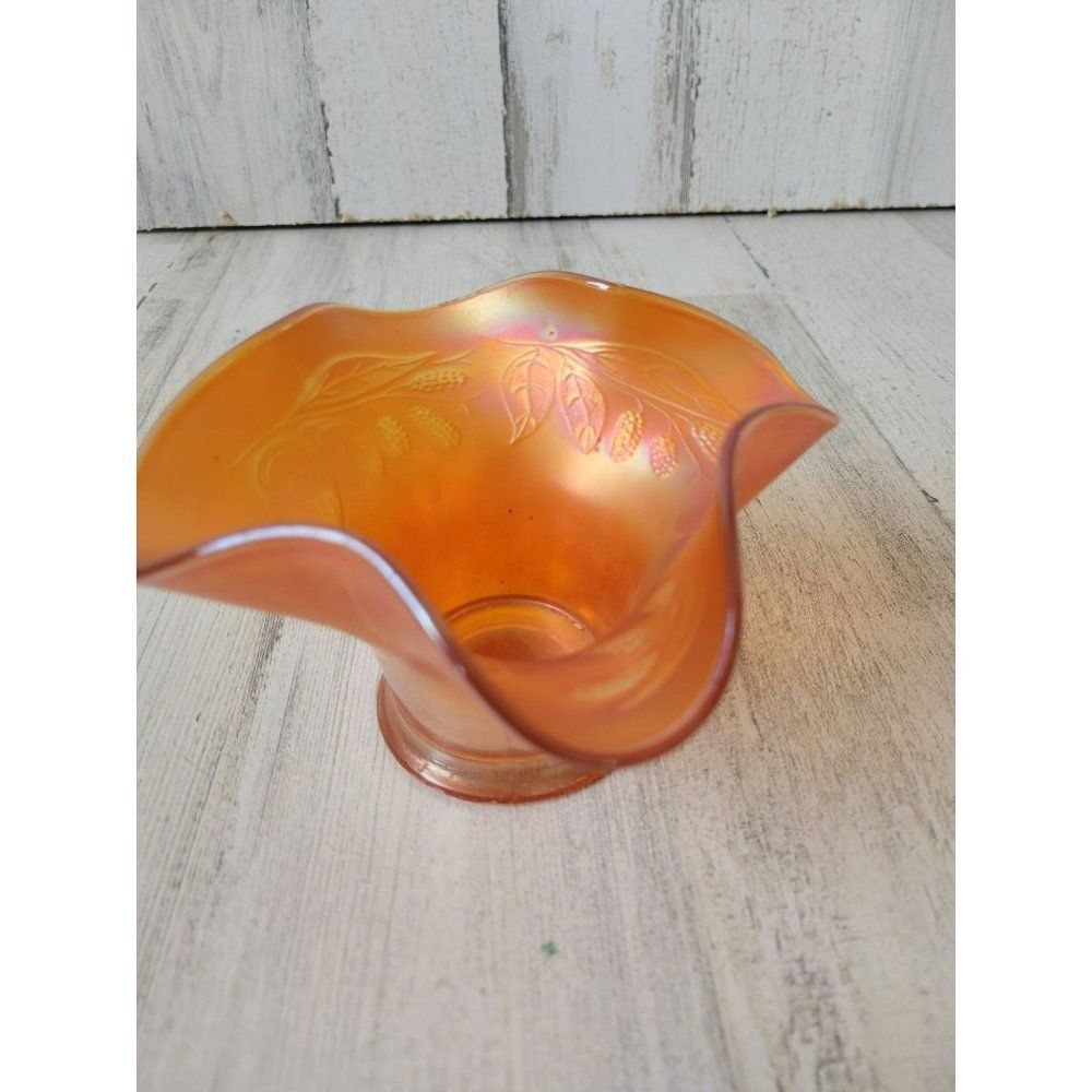 Fenton marigold Orange opalescent vase carnival leaf‎ baseball vintage
